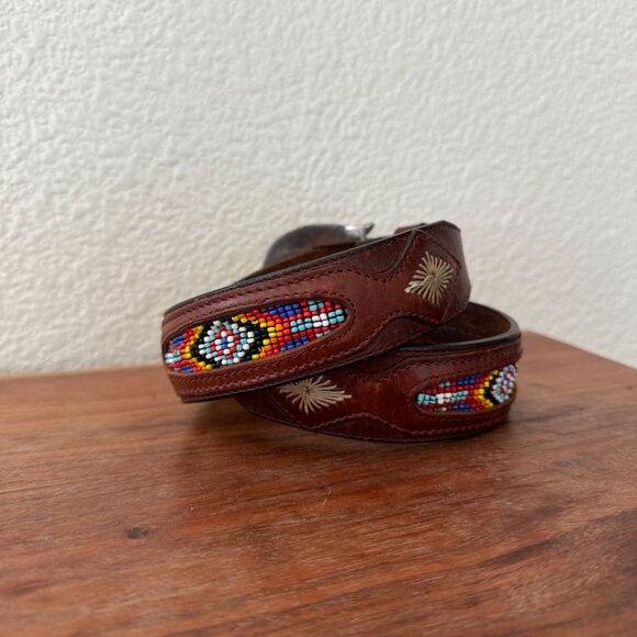 Vintage Leegin Western Leather Beaded Belt with Silver Buckle Size 28 - Picture 2 of 7